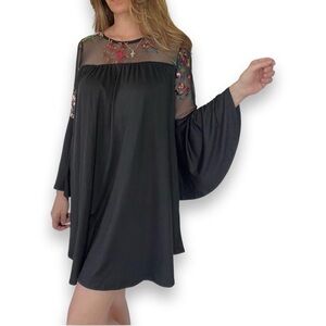 Floral embroidered black tunic mini dress Bell Sleeve